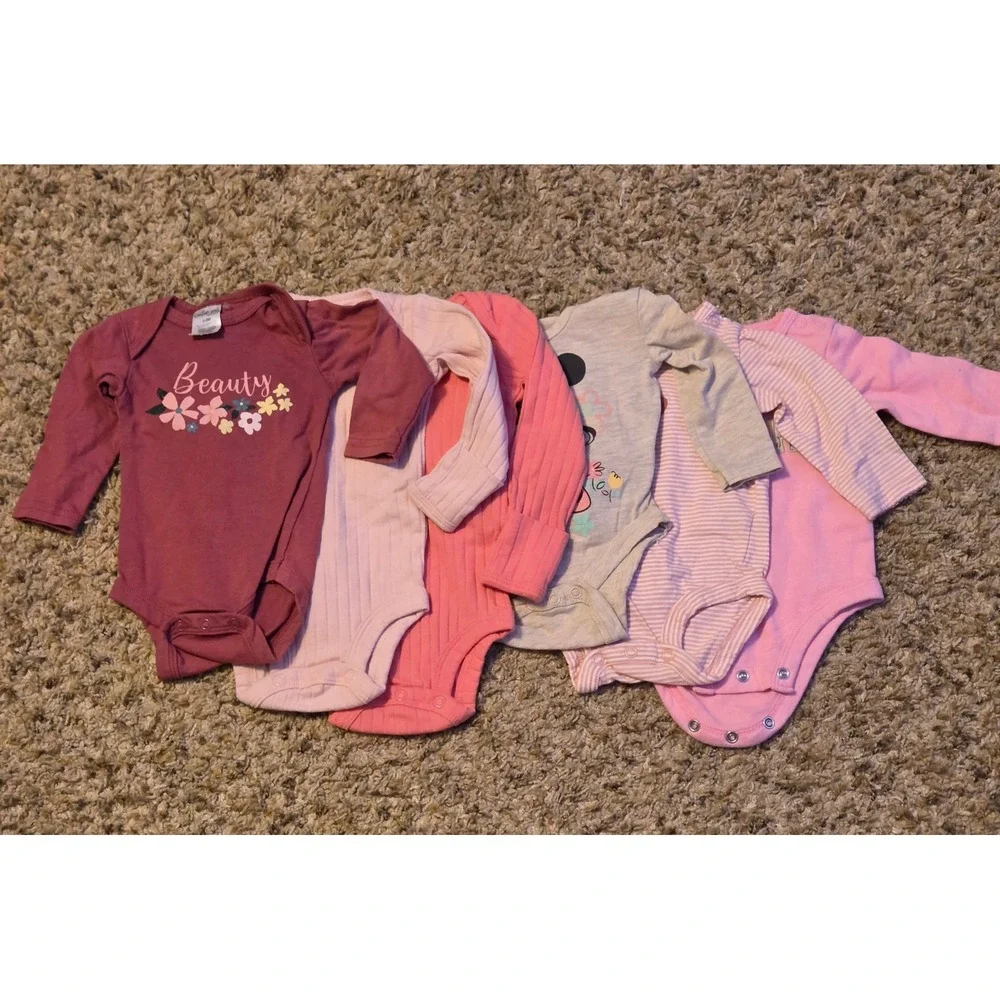 Bundle Of 6 Long Sleeve Bodysuits Baby Size 0-3 Months Carters/Disney/Cutie Pie